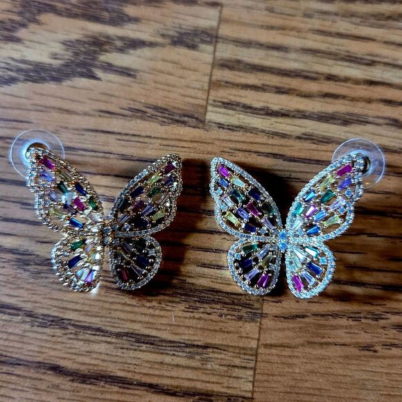 Vintage Gold And Crystal Butterfly Earrings GARDEN GIRL! - Picture 3 of 9